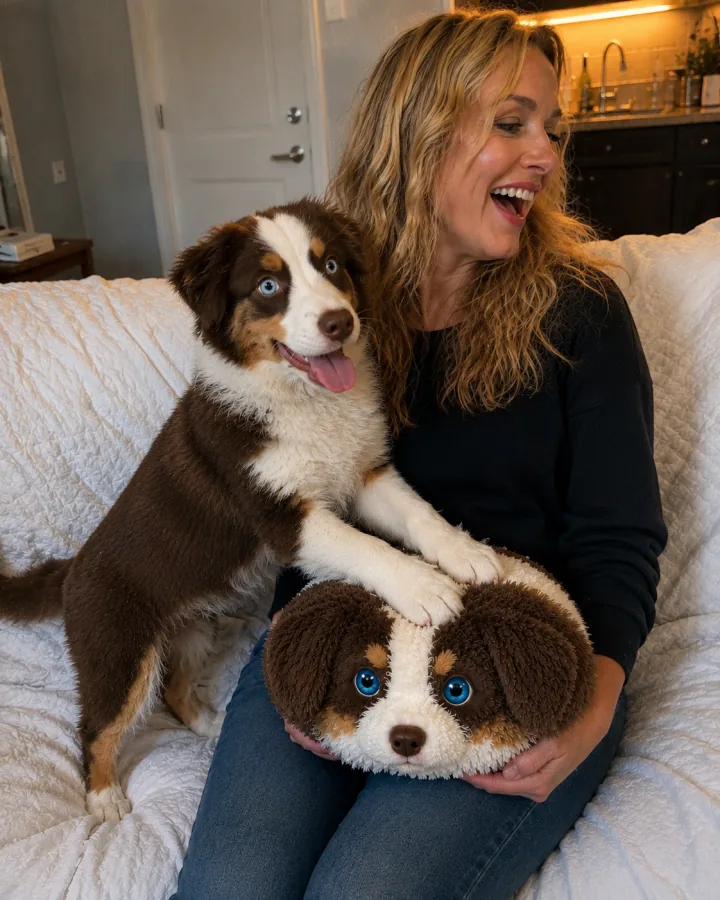 A happy customer with their australian shepherd puppy and its lookalike Fluffi plushie