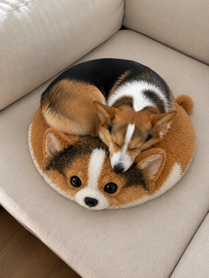 A happy customer with their corgi and its lookalike Fluffi plushie