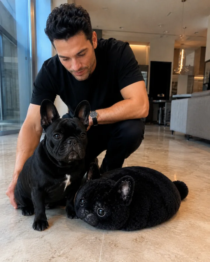 A happy customer with their french bulldog and its lookalike Fluffi plushie