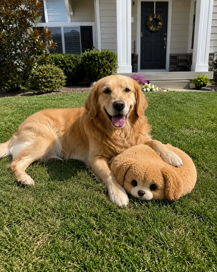 A happy customer with their golden retriever and its lookalike Fluffi plushie