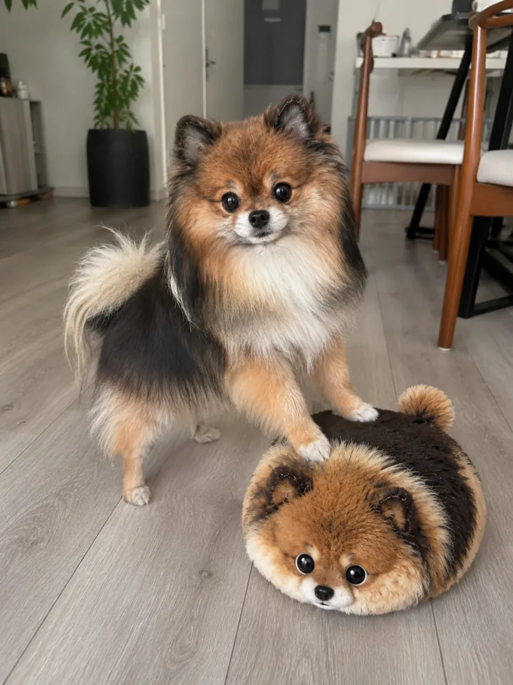 A happy customer with their pomeranian and its lookalike Fluffi plushie