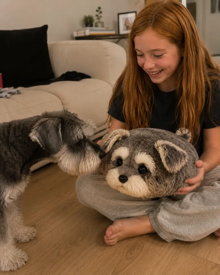 A happy customer with their schnauzer and its lookalike Fluffi plushie