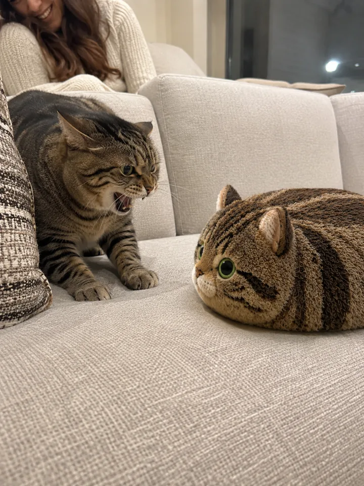 A happy customer with their tabby cat and its lookalike Fluffi plushie